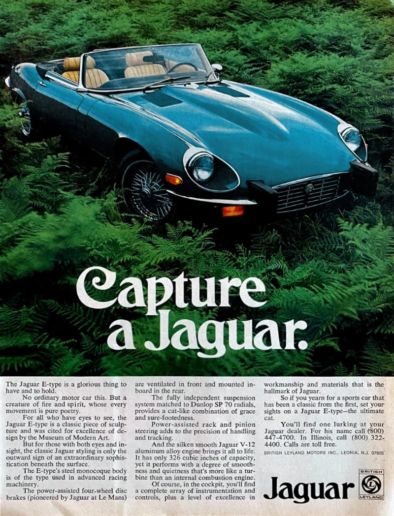 Jaguar E-type vintage auto ad in British racing green Jaguar E-type vintage auto ad; Capture a Jaguar